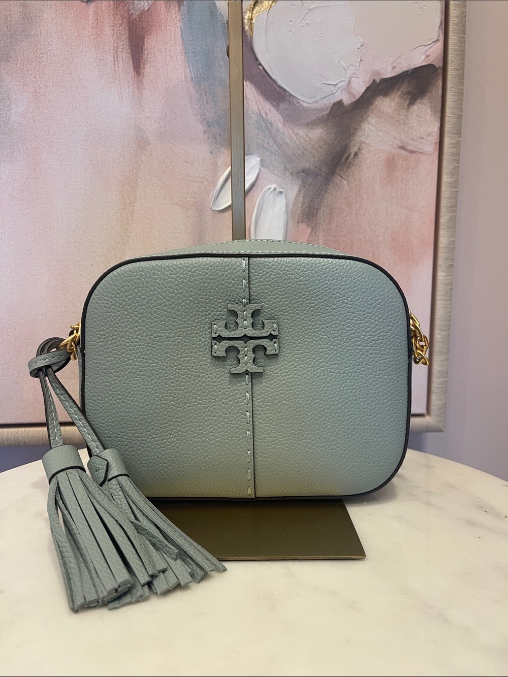 NWOT Tory Burch Seafoam Pebbled Leather Crossbody with Tassel